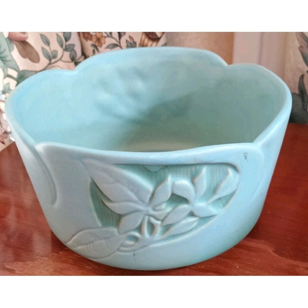Vtg Roseville Pottery Green Blue Silhouette Oak Leaf 726-6 Planter Console Bowl‎